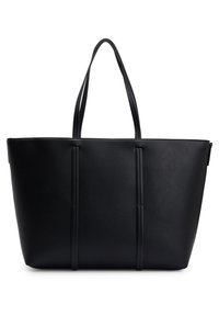 Sac cabas en cuir noir avec doubles poignées et détails de coutures verticales sur le devant, forme rectangulaire avec un haut légèrement fuselé.