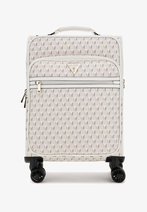 White carry-on suitcase with a geometric pattern in gray and yellow accents. Features a top handle, zippered compartments, and four black wheels.