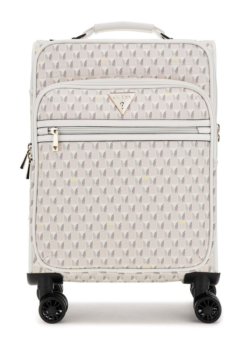 Valise à roulettes blanche avec un motif géométrique aux accents gris et jaunes. Comprend une poignée supérieure, des compartiments zippés et quatre roues noires.