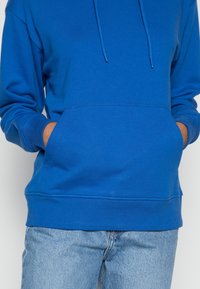 Felpa blu in cotone con tasca frontale, polsini e orlo a coste, dotata di cappuccio con cordino regolabile. Indossata con jeans chiari.