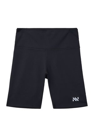 Pantalones cortos deportivos negros de cintura alta con un pequeño logotipo blanco en la parte inferior del lado izquierdo, hechos de una tela lisa y elástica.