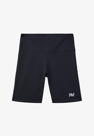 Černé sportovní šortky s vysokým pasem a malým bílým logem na spodní levé noze, vyrobené z hladké, pružné látky.