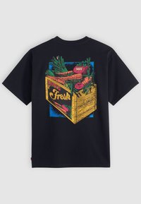 Black t-shirt with a colorful graphic of a wooden crate filled with vegetables, featuring "Levi's Fresh" text prominently displayed.