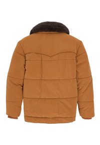 Casaco acolchoado castanho com costuras horizontais, gola escura e peluda, e punhos canelados. Apresenta um ajuste descontraído e tecido durável.