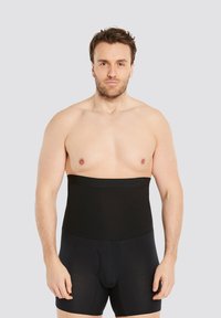 Black shapewear featuring a high waistband, smooth texture, and snug fit, designed to provide a streamlined silhouette.