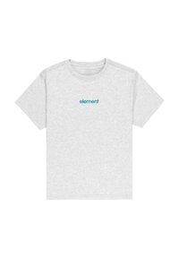 Lichtgrijze korte mouw t-shirt met teal "element" tekst gecentreerd op de borst, ronde hals en effen achtergrond.