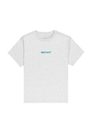 Light gray short-sleeve t-shirt with teal "element" text centered on the chest, crew neck, and plain background.