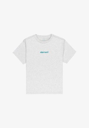 Camiseta de manga corta gris claro con texto en color teal "element" centrado en el pecho, cuello redondo y fondo liso.
