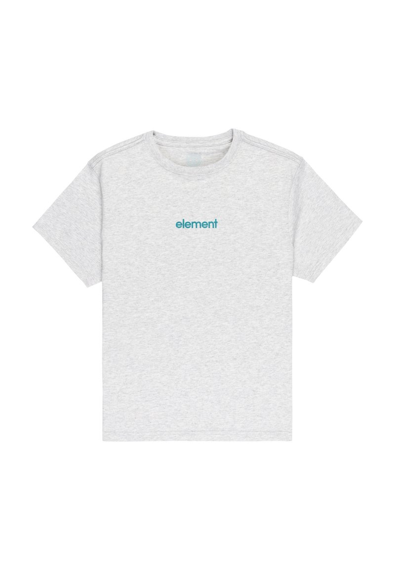 Lichtgrijze korte mouw t-shirt met teal "element" tekst gecentreerd op de borst, ronde hals en effen achtergrond.