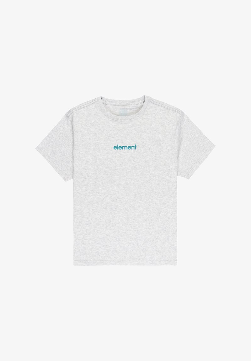 Jasnoszara koszulka z krótkim rękawem z turkusowym napisem "element" umieszczonym na środku klatki piersiowej, z okrągłym dekoltem i jednolitym tłem.