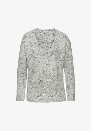 Leicht grauer Pullover mit V-Ausschnitt und langen Ärmeln, versehen mit dunklen Sprenkeln. Rippstruktur und lockerer Schnitt, aus einem gestrickten Material gefertigt.