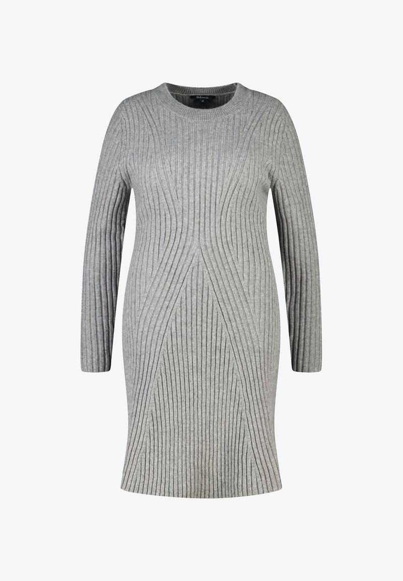 Grijs geribd gebreid jurkje met een ronde hals, voorzien van getextureerde verticale lijnen en lange mouwen, taps toelopende vorm en een lengte tot de knie.