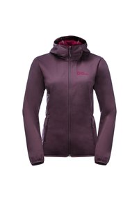 Veste softshell légère et violette avec une fermeture éclair à l'avant, une capuche et deux poches latérales. Présente une texture lisse et un détail de logo discret.