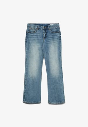 Vaaleansiniset farkut suoranlahkeiset, joissa on kulunut pinta, viisi taskua ja tavallinen vyötärö. Mukana ompeluyksityiskohtia ja metallinittiä.