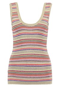 Ribbad tanktop med flerfärgade horisontella ränder, främst i rosa, rött, grönt och lila, med en beige rundad halsringning och nederkant.