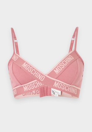 Roosa pehmeatekopustega rinnahoidja reguleeritavate rihmadega ja Moschino logo trükitud kattuvatele elastsetele ribadele ees ja rinna all.