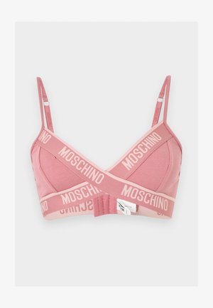 Różowy biustonosz typu bralette z miękkimi miseczkami, regulowanymi ramiączkami i logo Moschino nadrukowanym na nachodzących na siebie elastycznych taśmach z przodu i pod biustem.