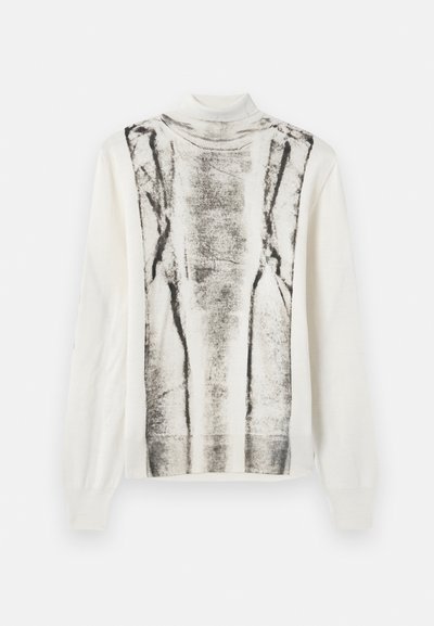 Ελαφρύ, κρεμ πουλόβερ με ψηλό λαιμό. Διαθέτει μια μαύρη και γκρι αφηρημένη σχέδια μπροστά. Μακριά μανίκια με ribbed μανσέτες.