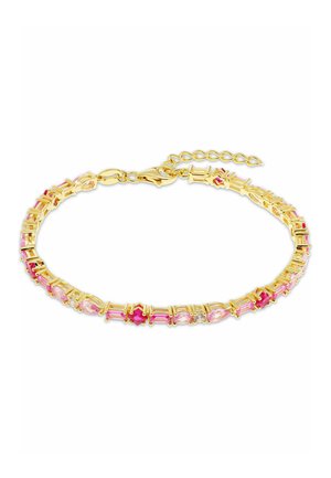 Bracciale in oro con pietre preziose rosa e rosse di varie forme, con chiusura a catena regolabile.