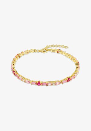 Bracelet en or avec des pierres précieuses roses et rouges de formes variées, doté d'un fermoir chaîne ajustable.