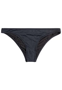 Svart bikiniunderdel med en slät yta och minimalistisk design. Har en låg midja och en kontrasterande, tunn midjeband. Baken är helt täckt.