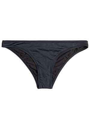 Black bikini bottom with a smooth texture and minimal design. Features a low-rise cut and contrasting thin waistband. Rear fully covered.