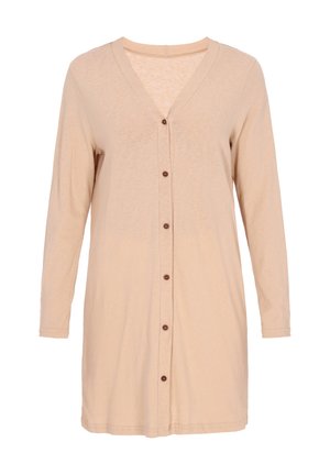 Cardigan beige a maniche lunghe realizzato in tessuto morbido, con scollatura a V, chiusura frontale con bottoni marroni e un fit rilassato.