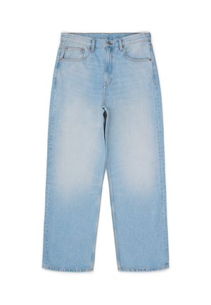 Helle blaue Jeans mit hoher Taille, lockerer Passform, geraden Beinen und minimalem Verblassen. Verfügt über fünf Taschen und Metallbeschläge.