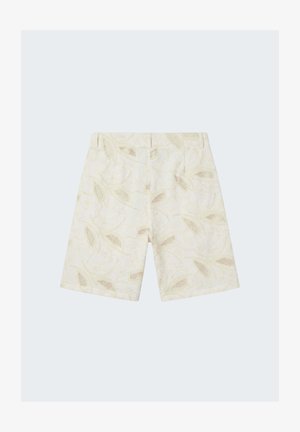 Crèmekleurige korte broek met geborduurde bloemen- en bladerenkantpatronen, voorzien van riemlussen en een naden aan de achterkant.