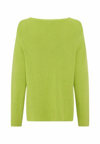 Maglione verde lavorato a maglia con vestibilità ampia, maniche lunghe e scollo ampio, con texture a coste su tutta la superficie e senza elementi metallici visibili.