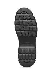 Semelle de chaussure en caoutchouc noir avec des motifs de grip texturés, incluant des rainures horizontales et verticales, et un logo embossé au centre.
