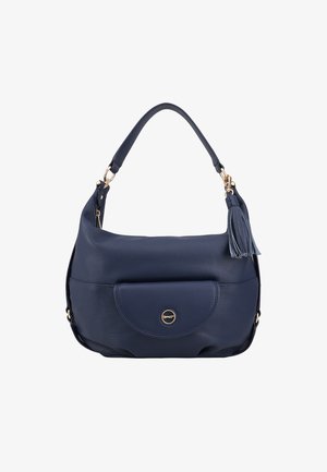 Marineblauwe leren handtas met een ronde vorm, voorzien van een voorvak en gouden hardware, versierd met een decoratieve kwast.