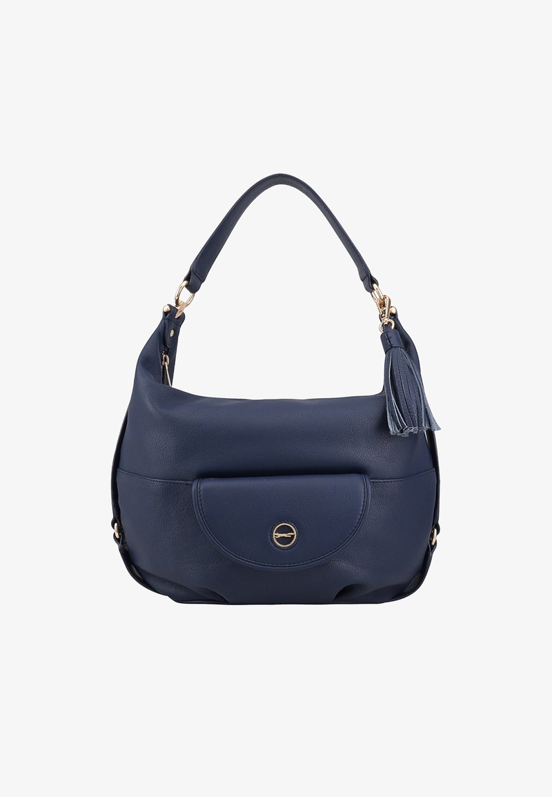 Marineblauwe leren handtas met een ronde vorm, voorzien van een voorvak en gouden hardware, versierd met een decoratieve kwast.