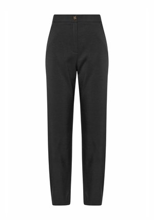 Black tailored trousers with a smooth texture, featuring a single button closure at the waist and narrow, tapered legs.