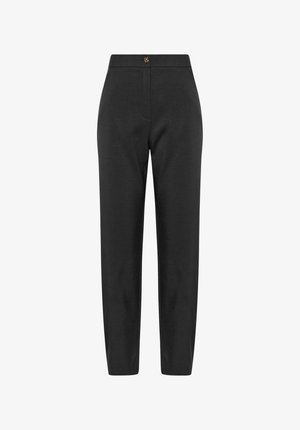 Zwarte op maat gemaakte broeken met een gladde textuur, voorzien van een enkele knoopsluiting in de taille en smalle, taps toelopende pijpen.