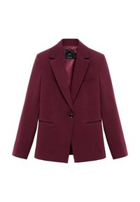 Burgundský blazer vyrobený z hladkého materiálu, s uzávěrem na jeden knoflík, klopovými límci a dvěma předními kapsami s lemováním.