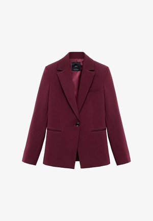 Burgundy blazer i ett slätt tyg, med en enkel knappstängning, kavajslag och två framfickor med pipingsdetaljer.