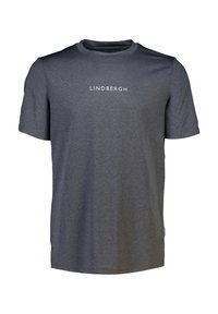 Szara krótko rękawowa koszulka z teksturowanej tkaniny, z okrągłym dekoltem i białym logo "LINDBERGH" na piersi.
