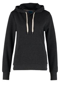 Sweat à capuche gris foncé à manches longues avec poche kangourou à l'avant et cordons blancs sur la capuche.
