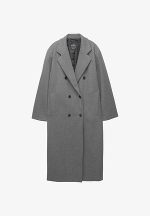 Grey wool blend double-breasted coat with a notched collar, side pockets, and a smooth interior lining. Features black buttons.