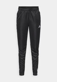 Black athletic pants made of smooth, lightweight fabric, featuring an elastic waistband and white side stripes with a small logo on the left thigh.