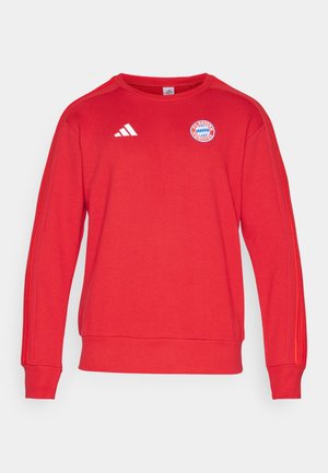 Rode sweatshirt met het drie-strepenontwerp van Adidas, ronde halslijn, ribgebreide manchetten en het logo van FC Bayern München op de borst. Zachte stoftextuur.
