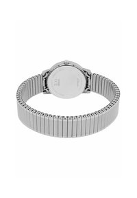 Zilveren roestvrijstalen horloge met een flexibele band die bestaat uit rechthoekige schakels, een ronde kast en een gladde, gepolijste afwerking aan de achterkant.