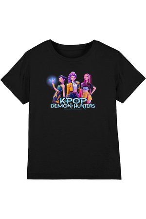 Black T-shirt featuring three animated female characters in colorful outfits with the text "KPOP DEMON HUNTERS" below them.