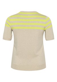 Beige short-sleeve sweater with horizontal gray and bright yellow stripes. Soft texture, round neckline, and a relaxed fit.