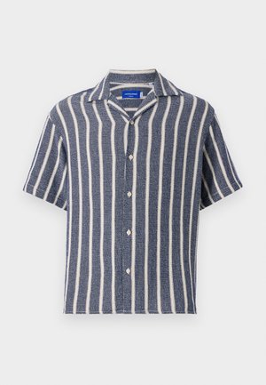 Short-sleeve shirt in navy blue with white vertical stripes. Made of textured fabric, featuring a revere collar and button front.