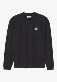 T-shirt nera a maniche lunghe in cotone, colletto girocollo, con un piccolo logo quadrato sul petto. Design semplice con polsini e orlo a costine.