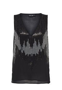 Blusa nera senza maniche con scollatura a V profonda, caratterizzata da un motivo sfumato di paillettes in argento e nero, realizzata in tessuto leggero.