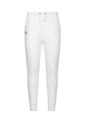 Pantaloni tuta bianchi realizzati in morbido tessuto, dotati di vita con cordino, gambe affusolate e un piccolo logo nero sul lato sinistro superiore.