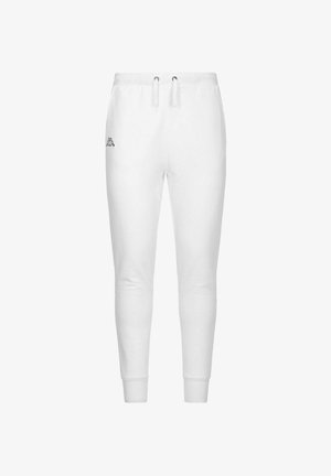 Pantaloni tuta bianchi realizzati in morbido tessuto, dotati di vita con cordino, gambe affusolate e un piccolo logo nero sul lato sinistro superiore.